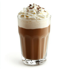 A glass of chocolate milk with whipped cream, isolated on a white background, showcasing a sweet beverage