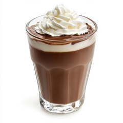 A glass of chocolate milk with whipped cream, isolated on a white background, showcasing a sweet beverage