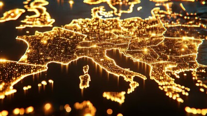 Digital space with shiny golden yellow hue features a blurry, wavy map of Europe, adorned with sparkling gold particles and light flares. Digital Euro concept - Powered by Adobe
