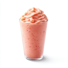 A glass of strawberry smoothie with visible texture, isolated on a white background, highlighting a fruity drink