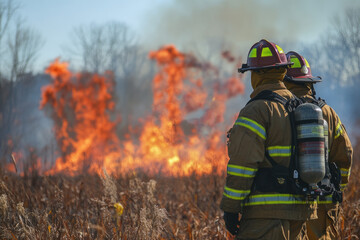 Naklejka premium Firefighters observing a controlled burn operation in a field