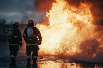 Obraz premium Brave firefighters battling intense blaze with protective gear