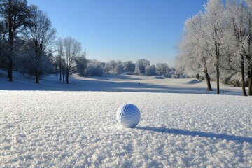 A serene winter golf course covered in a blanket of snow, with a lone golf ball resting on the pristine white surface, symbolizing a peaceful moment, winter sports, nature's beauty, a break from the e