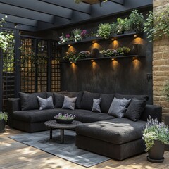 Modern sectional sofa with grey cushions and potted plants in a contemporary patio setting.