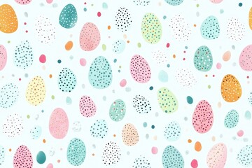 A seamless pattern of pastel-colored Easter eggs with leaf and dot accents, creating a festive and playful spring design.