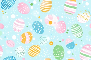 A seamless pattern of pastel-colored Easter eggs with leaf and dot accents, creating a festive and playful spring design.