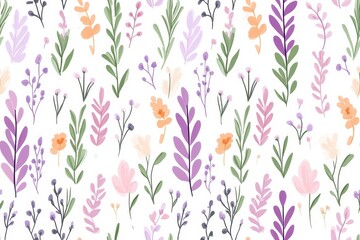 Playful floral pattern with purple, pink, and yellow flowers on a white background, perfect for spring-themed or nature-inspired designs.