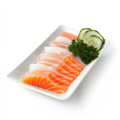 A plate of fresh sashimi slices, isolated on a white background, emphasizing a Japanese delicacy