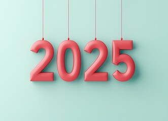 3D vector red number "2025" hanging on strings. Happy New Year celebration with simple shapes and a pastel color palette. new year banner or card template for your advertising and promotional
