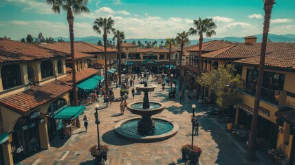 Fototapeta premium Outdoor shopping center with palm trees, shops, and a sunny ambiance, creating a warm, inviting retail environment for visitors.