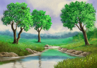 Fine art, artwork, paintings morning on the river. Beautiful summer landscape with a river in the forest, beautiful mature trees, a lot of grass and greenery, flowers, a magical state of nature