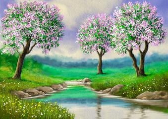 Paintings spring landscape, blooming trees, blooming tree in spring, river in the garden, fine ar, blossom in spring