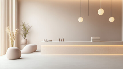 Elegant spa reception area with natural wood elements and soft lighting