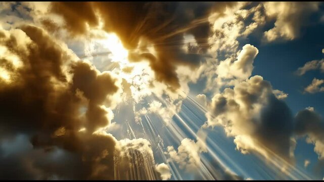 Gold light beams blessing world with heavenly light from above. God light in heaven symbolizing divine presence, truth, spiritual illumination, God love and grace