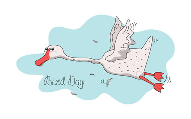 Cute white goose. National Bird Day. Funny goose flying. Cartoon bird, hand lettering. Drawing of simple goose, feathers. Flat illustration, isolated background.