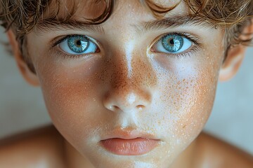 Close-up of freckled young child with bright blue eyes and wet skin