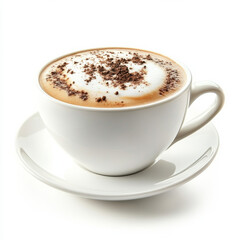 Obraz premium A cup of cappuccino with foam art, isolated on a white background, highlighting a coffee drink