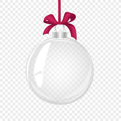 Glass Christmas ball with red bow. Element of holiday decoration. Vector object for christmas design, mockup, postcard, invitation, poster, banner