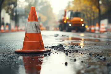 Orange traffic cones signaling road works on wet asphalt road