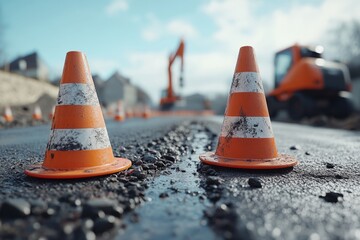 Orange traffic cones showing road works and excavator working on newly laid asphalt
