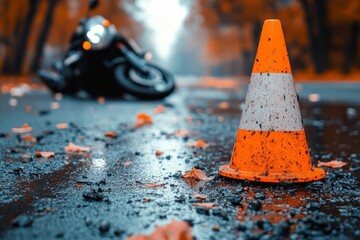 Motorcycle accident with traffic cone warning on wet asphalt road in autumn