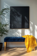 Blue Velvet Bench with Yellow Blanket and Black Frame Picture in Modern Interior