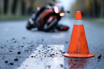 Motorcycle accident with traffic cone warning on wet asphalt road in autumn