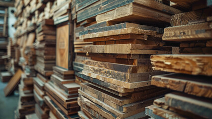 Obraz premium Stacked Wooden Planks in a Workshop Storage Area
