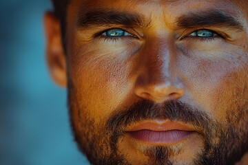Obraz premium Close-up portrait of a man with intense blue eyes and a beard in natural light