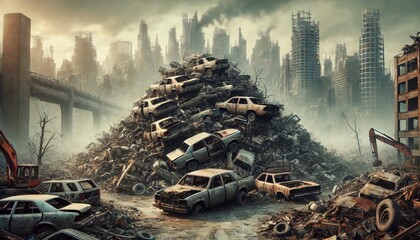 Post-apocalyptic scene of massive car junkyard with ruined city backdrop