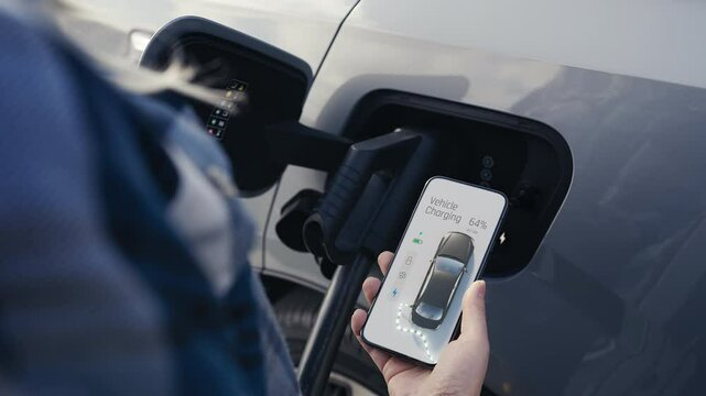Woman monitoring electric vehicle charging progress in a mobile application
