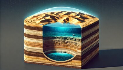Cross-section of desert landscape with subterranean ocean layers