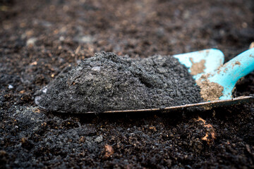 Close-up of biochar and rock dust on a gardening shovel, used to enhance soil quality / Concept: ...