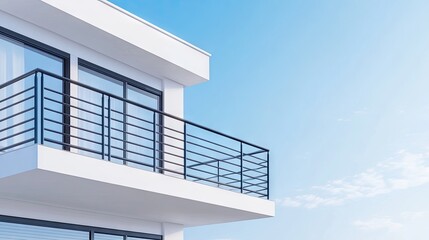 A close-up view of a modern white house balcony featuring sleek black metal railings against a clear blue sky backdrop