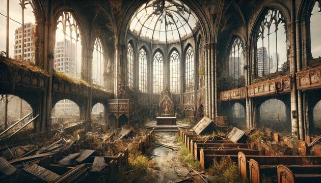 Abandoned church in a post apocalyptic ruined city landscape - Powered by Adobe