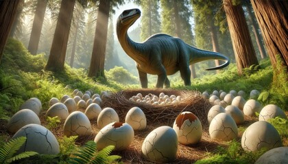 Dinosaur in forest with nestled eggs amidst lush greenery and sunlight