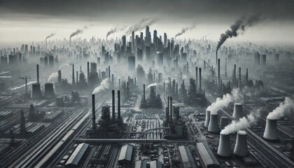 Fototapeta premium Urban industrial landscape with smokestacks and city skyline at dusk