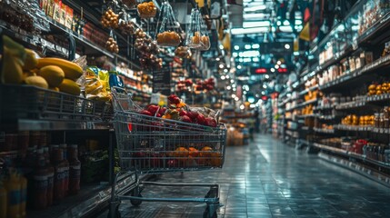 Fototapeta premium Shopping cart filled with groceries in a supermarket aisle