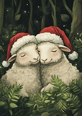 Two sheep snuggling in a cozy forest, both wearing Santa hats, illustrated in a charming comic style. Cottagecore aesthetic with warm holiday vibes