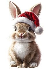 A photorealistic illustration of a festive bunny celebrating Christmas with holiday decor, wearing a Santa hat, set on a simple white background