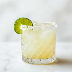 A glass of lime margarita with a salted rim, isolated on a white background, showcasing a refreshing cocktail