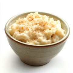A bowl of creamy macaroni and cheese, isolated on a white background, highlighting a comforting side dish