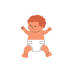 A cute boy in a diaper lies on his back.