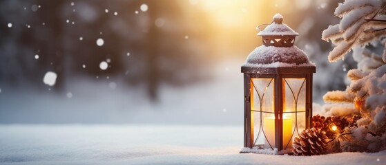 A lantern glows in the snowy ground, surrounded by multiple pine cones that add rustic charm to the scene, ideal for holiday postcards, seasonal campaigns, or winter-themed decor 