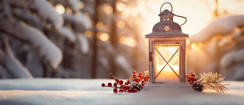 A lit lantern glows warmly in the snow, surrounded by a pine branch, red berries, and pine cones, Perfect for winter holiday cards, seasonal advertisements, or as a background
