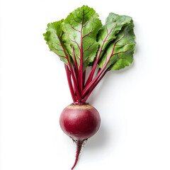 A single red beetroot with leaves attached, isolated on a white background, emphasizing a nutritious root vegetable