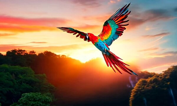 crimson rosella bird flying on the sky