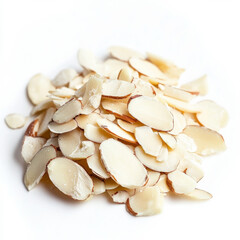 A handful of sliced almonds, isolated on a white background, highlighting a nutritious snack option