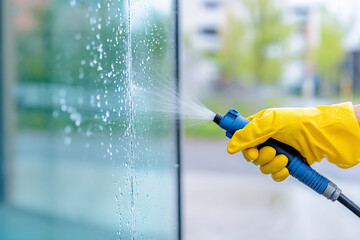 Hand in Yellow Glove Spraying Water on Glass Window Cleaning