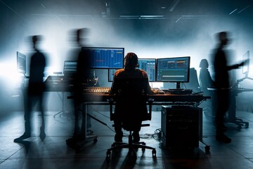 The Control Room: Blurred figures work diligently in a dimly lit control room, their focus on the monitors in front of them. The atmosphere is intense and dedicated.